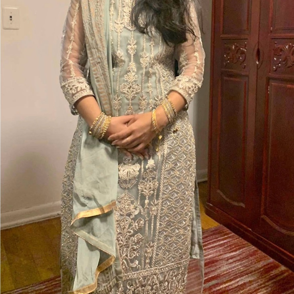 Elegant Embroidered Dress in Light Blue and Gold